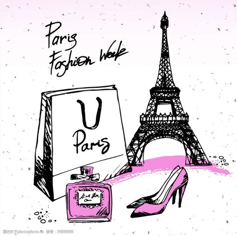 高跟鞋彩绘巴黎元素矢量图片