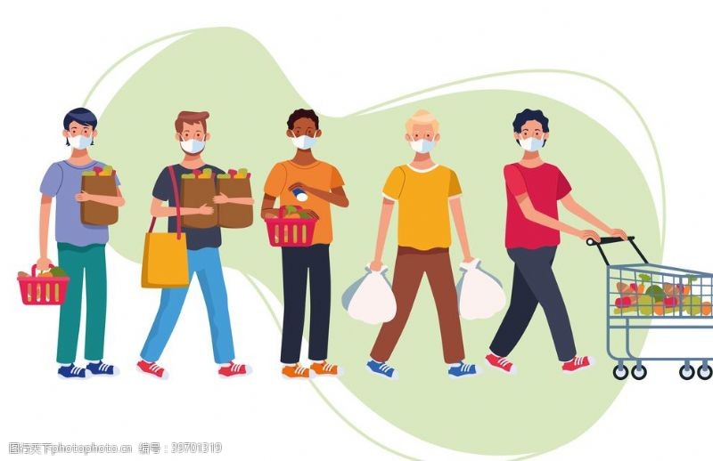 人口漫画超市戴口罩人物购物扁平插画图片