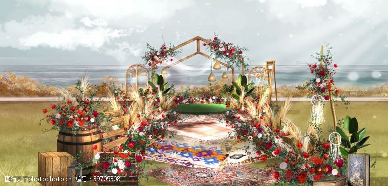 波西米亚风户外秋色系婚礼效果图图片
