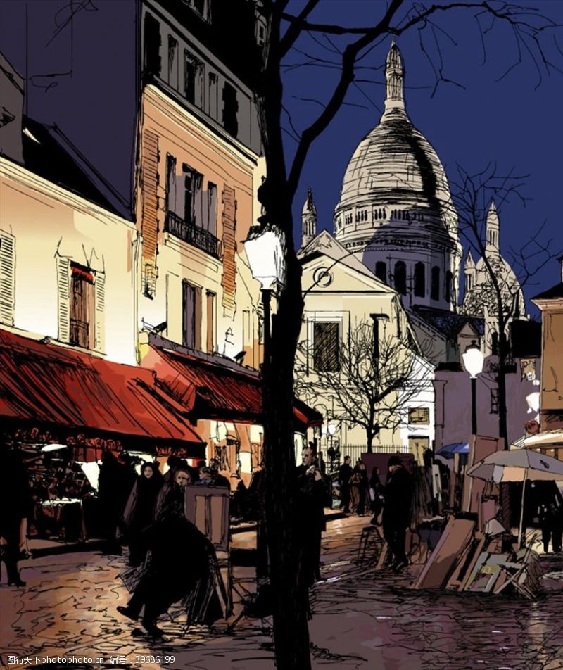 手绘树木手绘欧洲城市街景图片