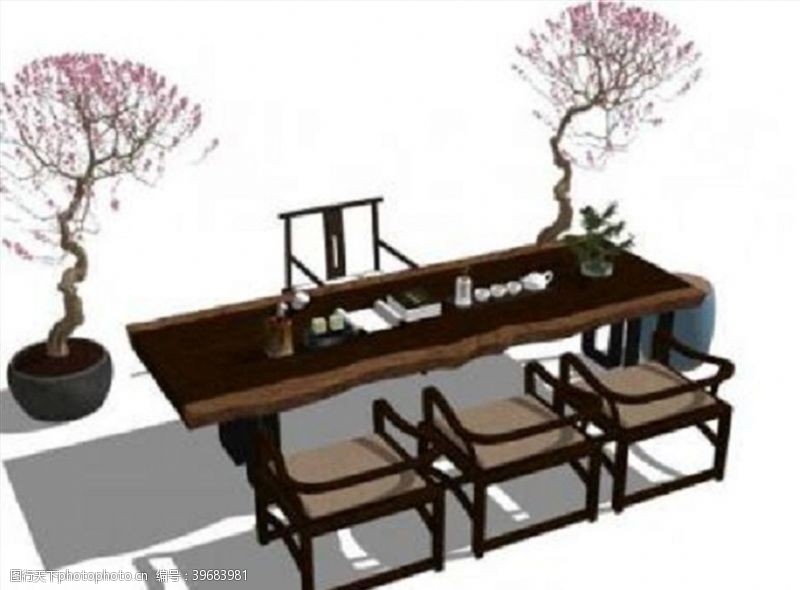 skp新中式书桌椅组合SU模型图片