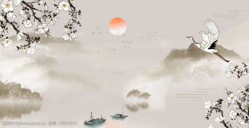 纸船中国风水墨背景水彩水墨图片