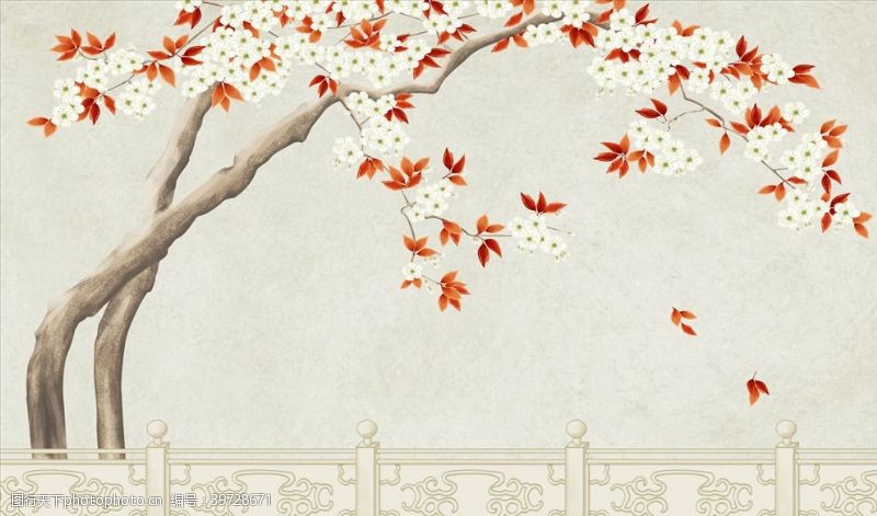 花鸟画枫叶落叶背景墙图片