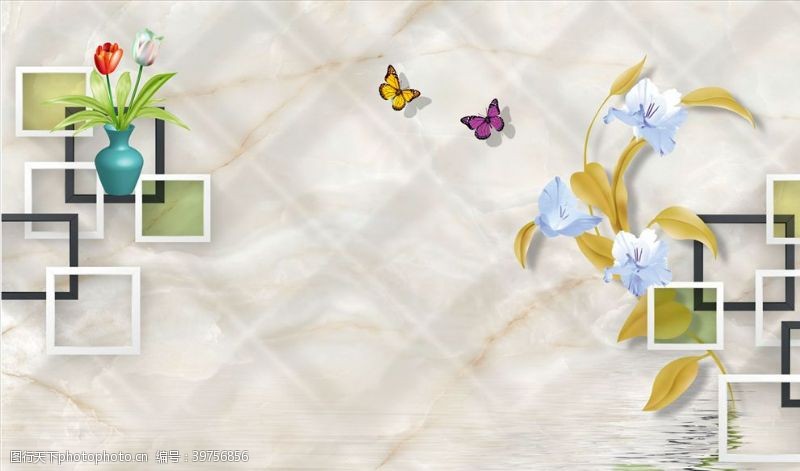 蝴蝶水波郁金香花瓶水波纹背景墙图片