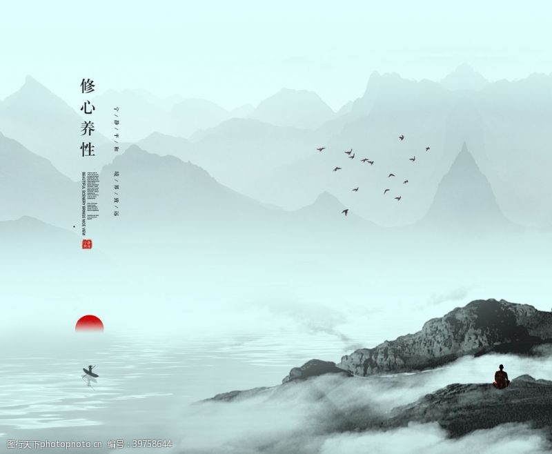 小舟禅意中国风水墨山水画图片