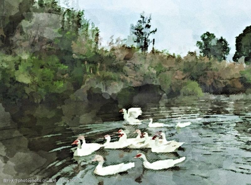 乡村水彩画大白鹅湖泊自然风景图图片