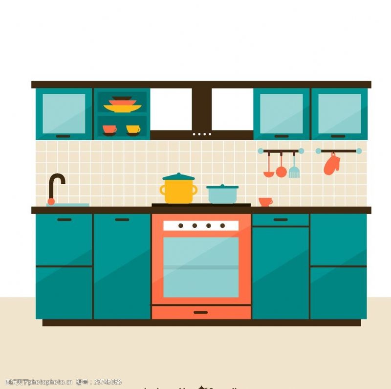 蓝绿色调厨房图片