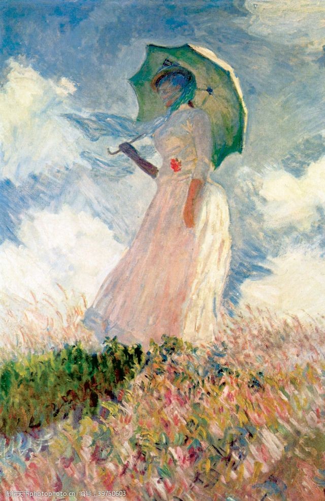 西方油画莫奈撑伞的女人图片