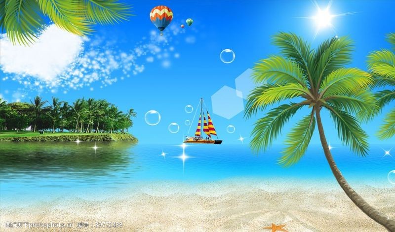 海边椰树帆船气球背景墙图片