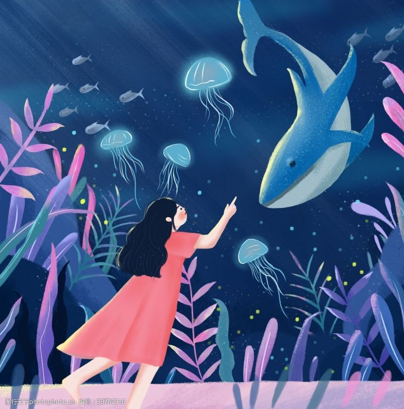 鲸鱼和女孩儿蓝色梦幻鲸鱼治愈插画图片