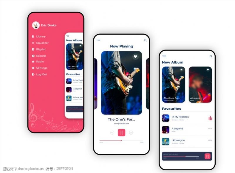 手机appxd音乐红色UI设计侧滑菜单页图片
