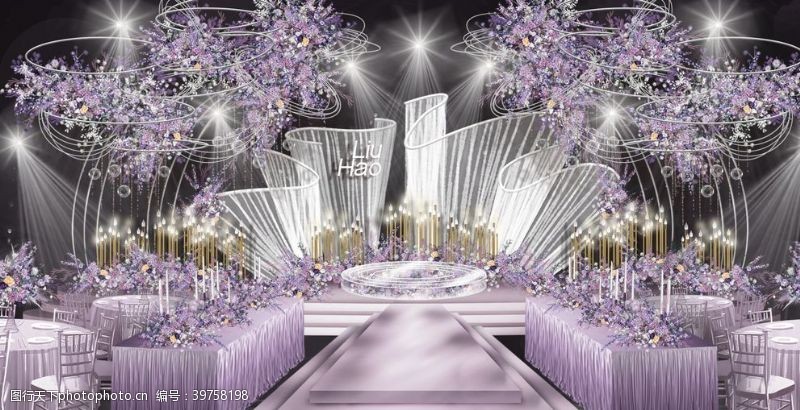 粉色舞台紫色唯美婚礼背板图片
