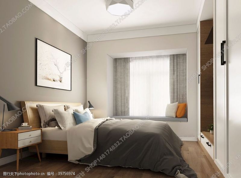 软床背景北欧卧室图片