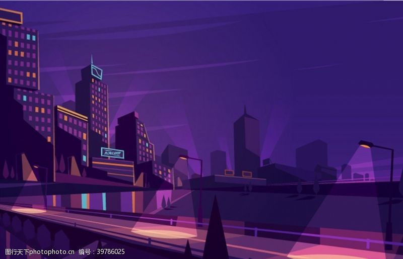 霓虹灯城市高架桥插画图片