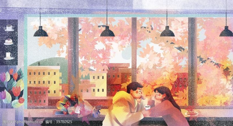 卡通咖啡冬日里喝咖啡的情侣图片