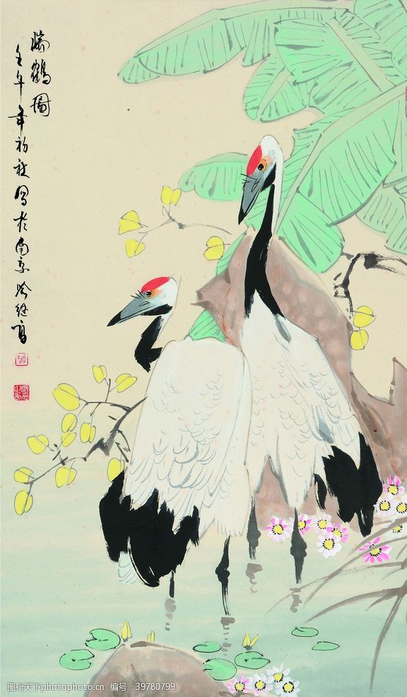 中式桃花背景花鸟画图片