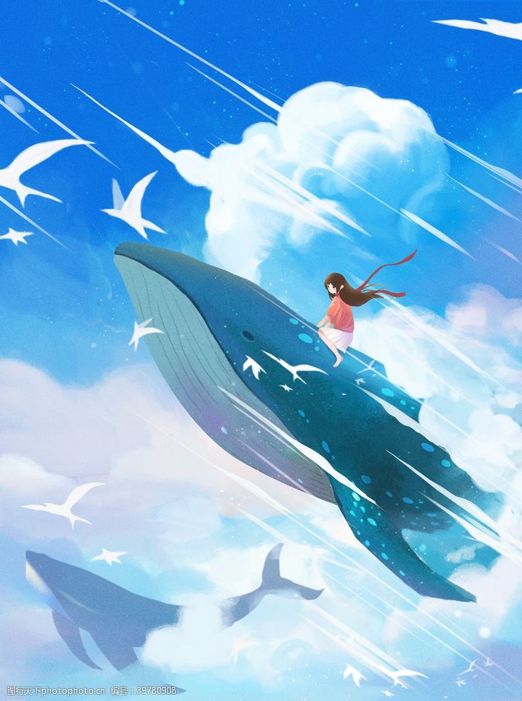 大海鲸鱼鲸鱼与女孩插画图片