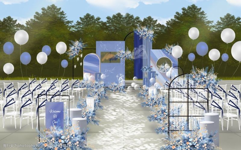西式舞台蓝色户外婚礼效果图片