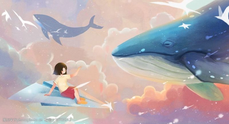 畅游世界蓝色梦幻鲸鱼治愈插画图片