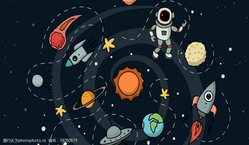 手绘乐器梦幻治愈星球宇航员插画图片