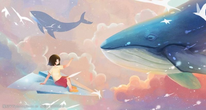 创意森林女孩和鲸插画图片