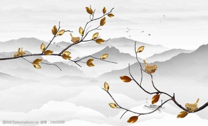 梅花手绘树叶山水图片