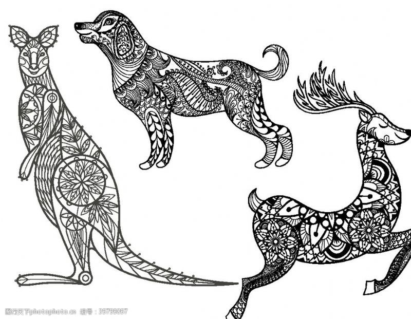 欧美插画动物白描图案纹理图片