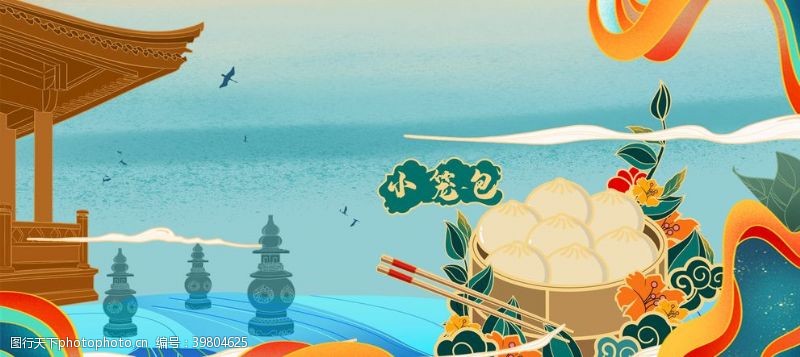 潮州小食国潮美食杭州小笼包中式背景图片
