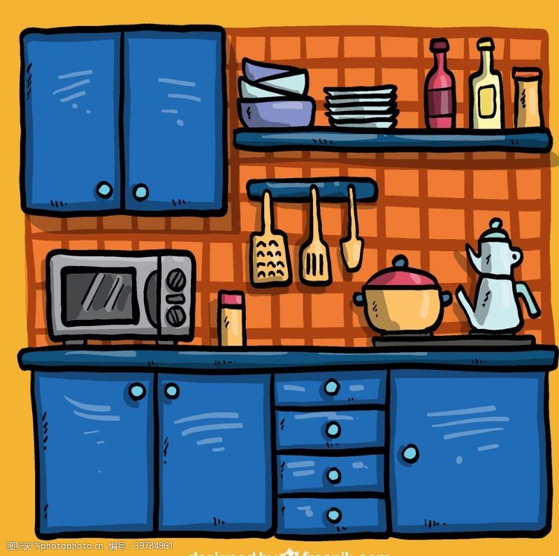 微波炉卡通蓝色厨房图片