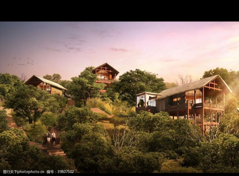 园林工程林中别墅山上木屋建筑景观效果图图片