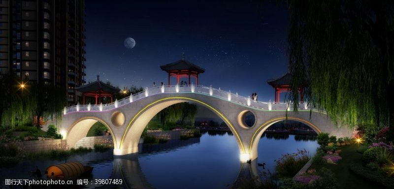 公园湖泊桥梁景观夜景效果图图片