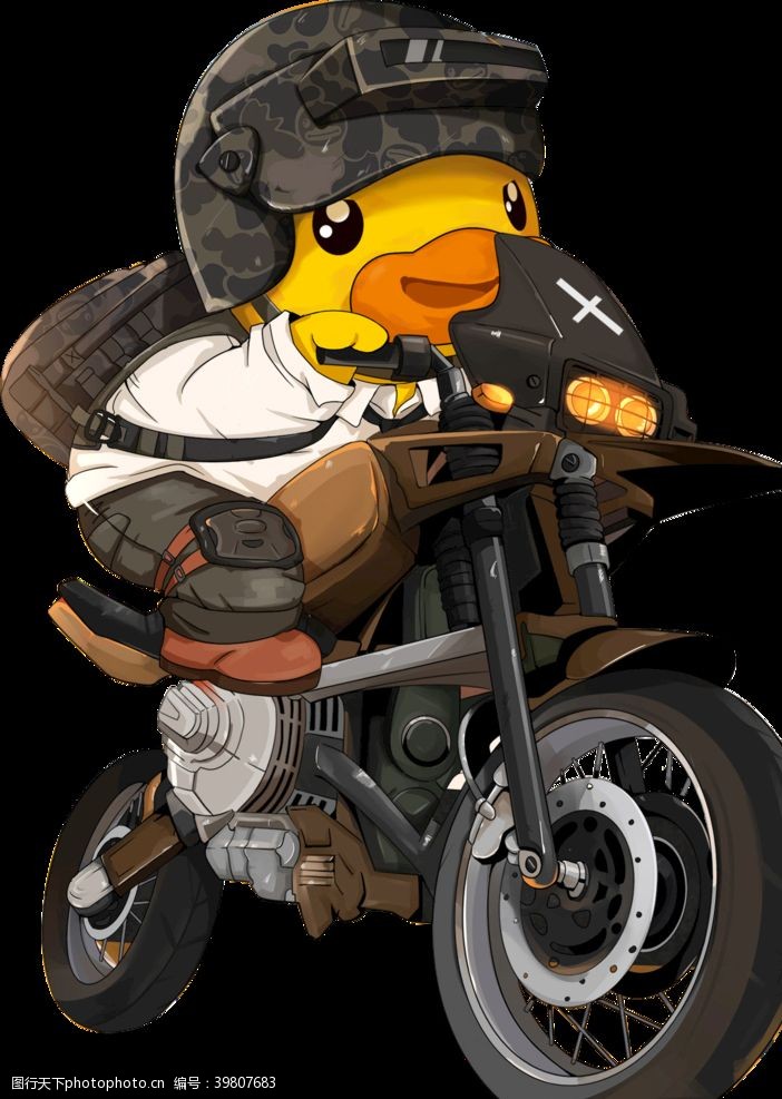 桔色背景骑摩托车的小黄鸭图片