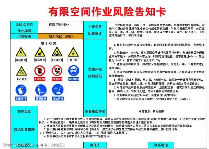 工地安全作业有限空间作业告知卡图片