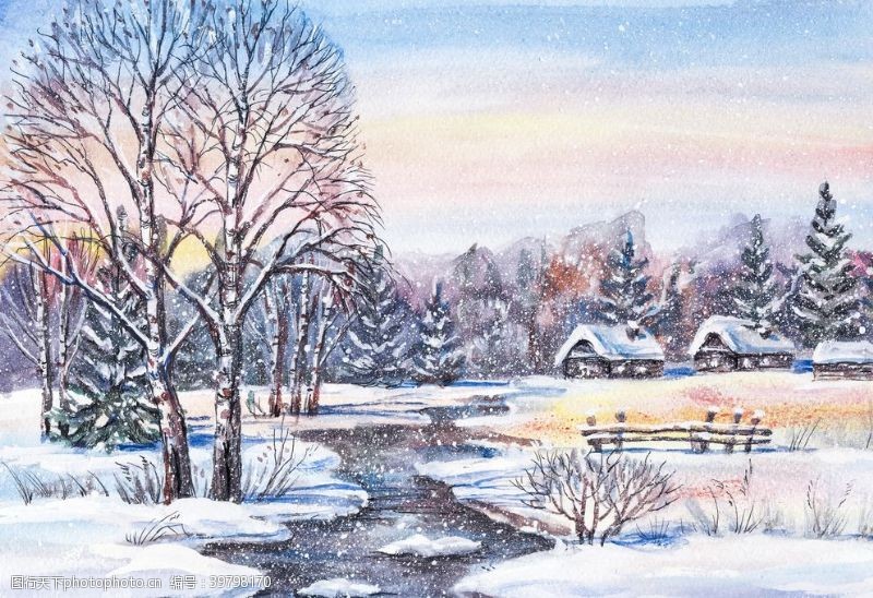 小溪冬日森林雪景图片