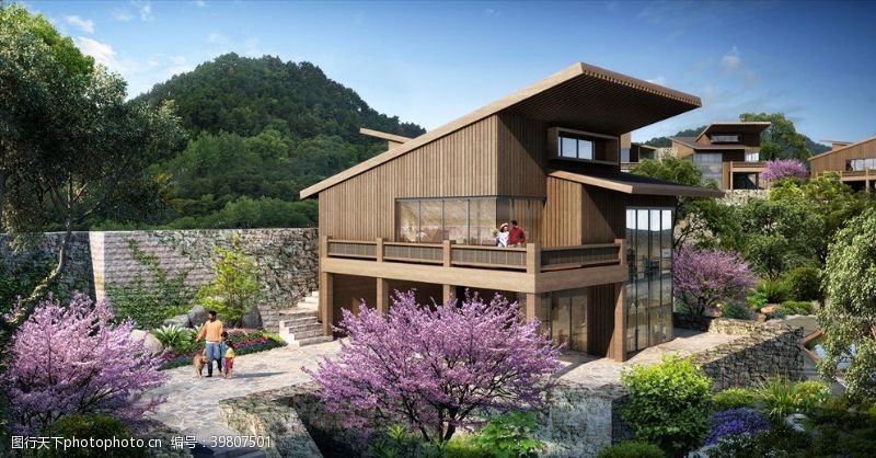 建筑表现素材林中别墅山上木屋建筑景观效果图图片