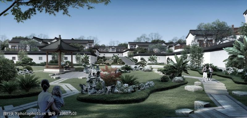 林荫小路中式庭院建筑景观效果图图片