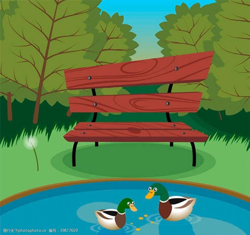 园椅池塘风景和野鸭图片