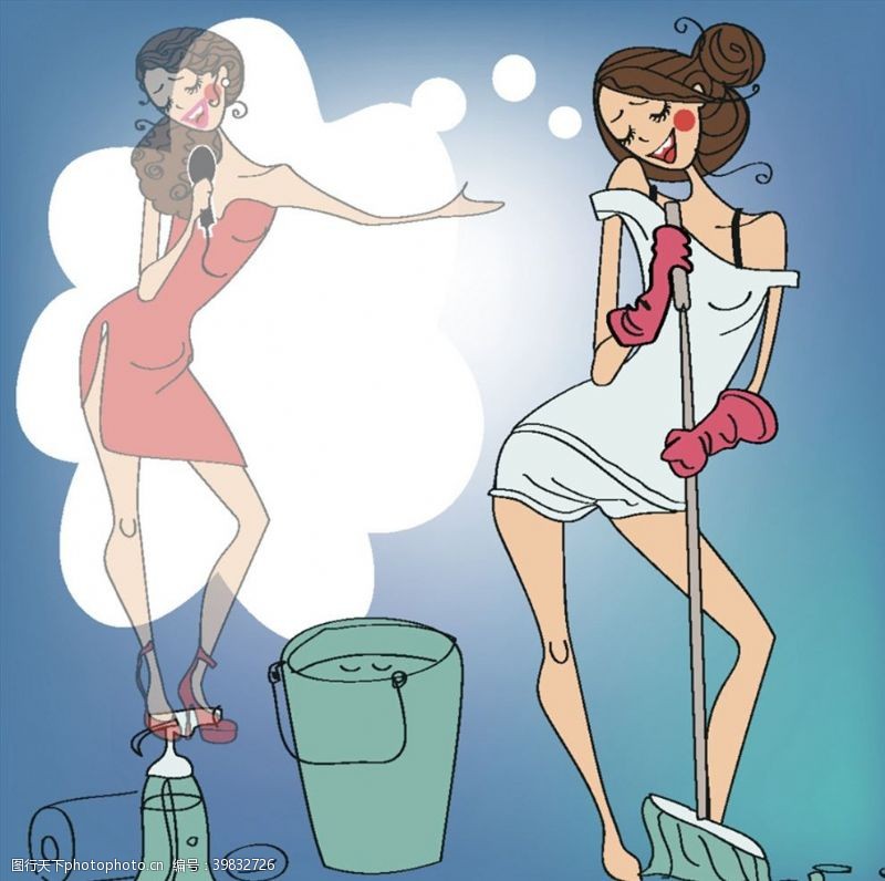 歌唱打扫卫生卡通美女图片