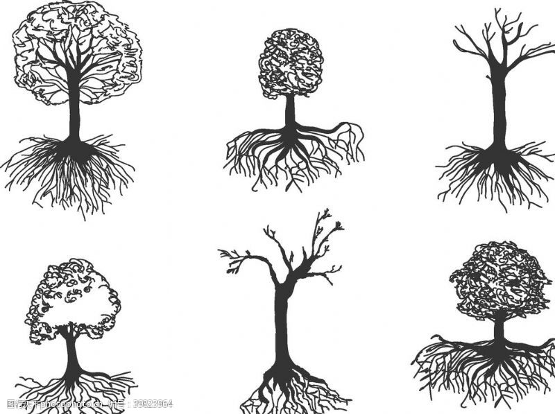 树木卡通手绘树树根矢量图图片
