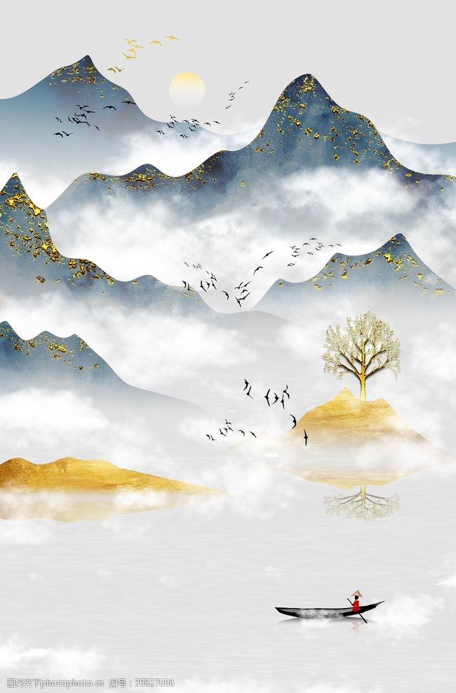 中堂画中国风山水分层元素图片
