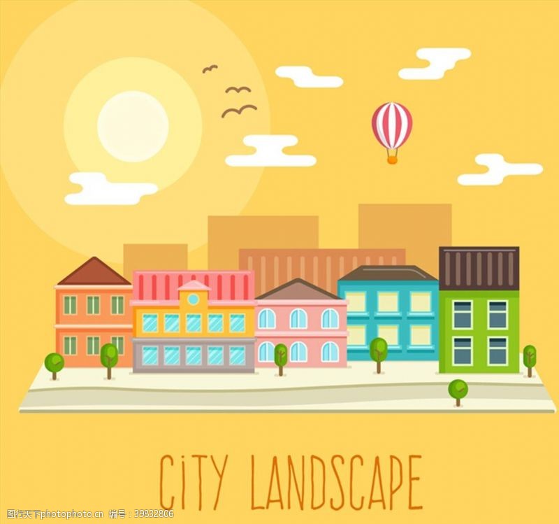 热气球风景创意城市风景插画图片