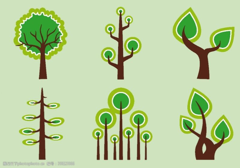 彩绘绿色树叶卡通创意树矢量图图片