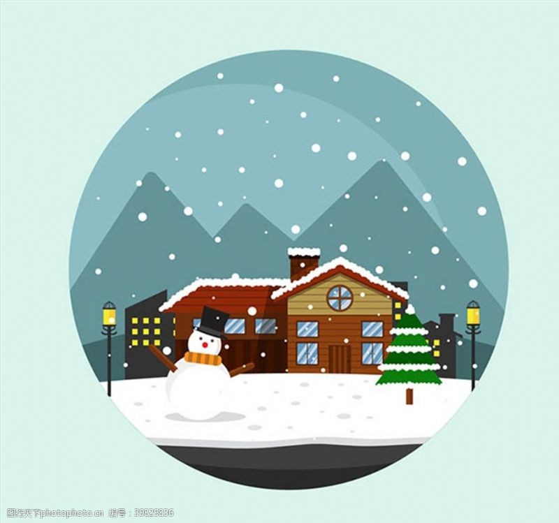 圣诞卡通小人卡通雪中小城插画图片