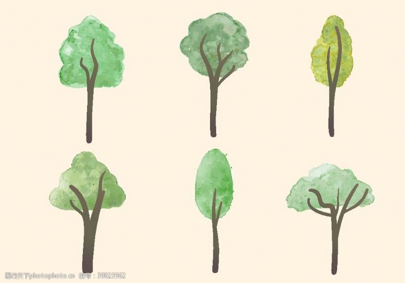 彩绘绿色树叶水彩创意树木矢量图图片
