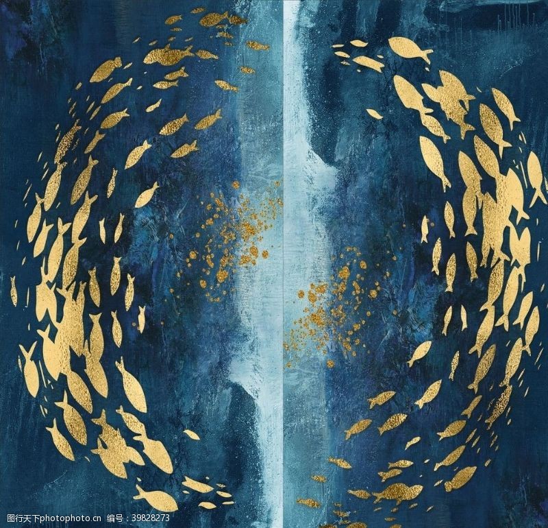 深蓝色海报油画北欧风格鱼画蓝色图片