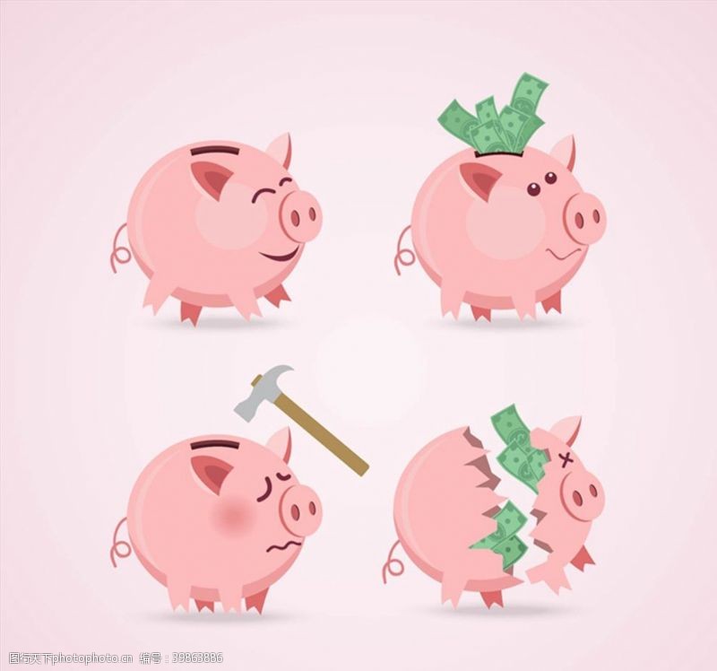 锤子粉色猪存钱罐矢量图片