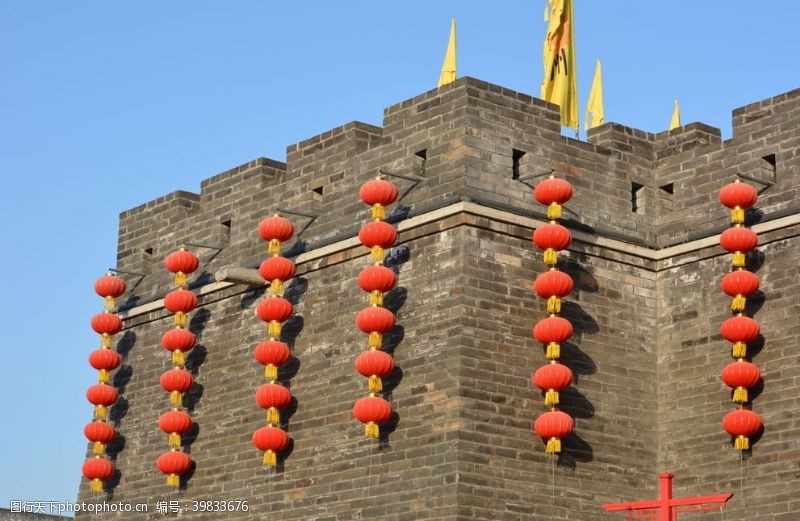中式灯笼古建筑城楼大红灯笼图片