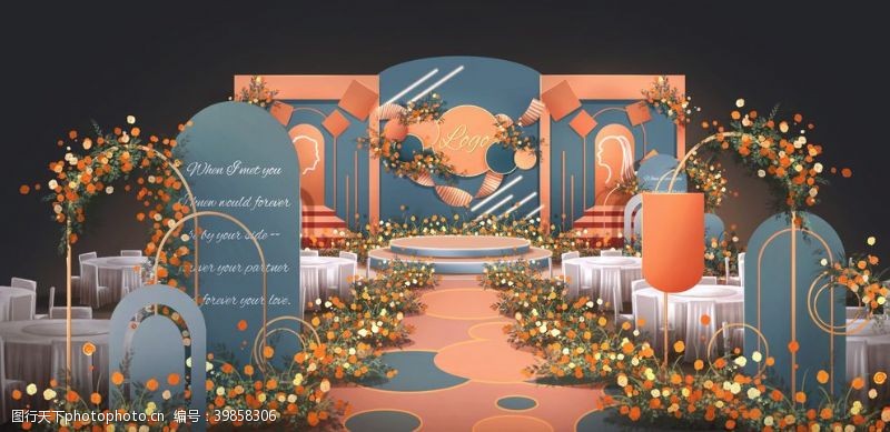 兰色背景橙蓝色婚礼主背景效果图图片