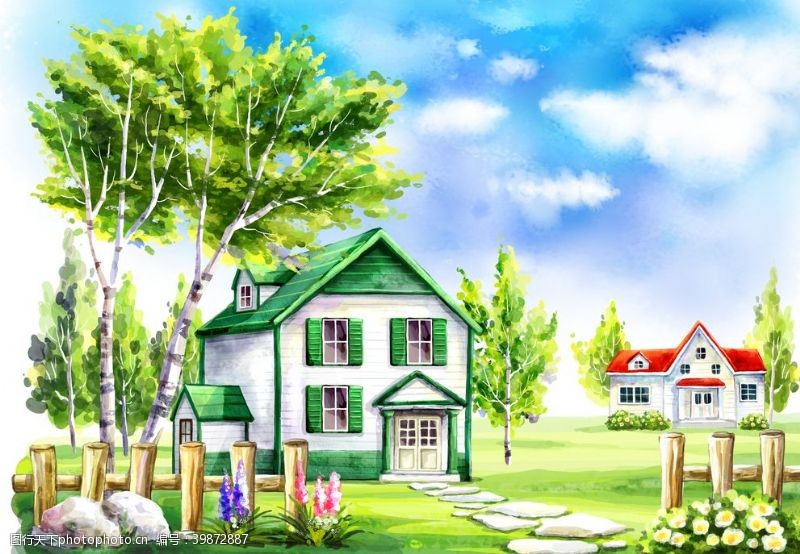 篱笆树林里的房子插画图片