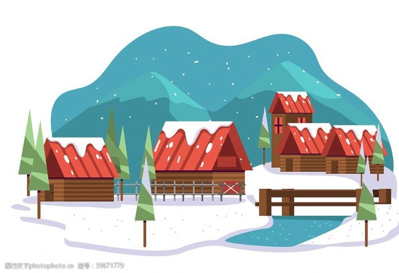 飘动冬季红色房子插画图片